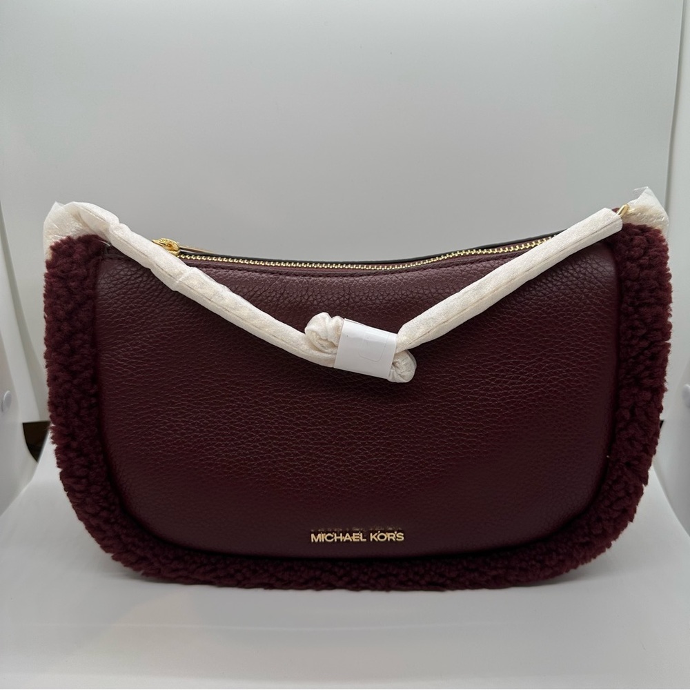 NWT Michael Kors | Oxblood Shearling Carmela Pebbled Leather Pochette Bag $448 - Picture 2 of 7
